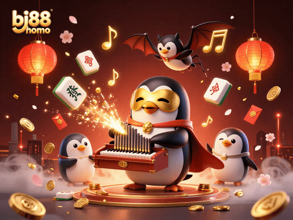 Experience thrilling gameplay with bj88 thomo as a penguin organist offers fortune in this vibrant illustration.