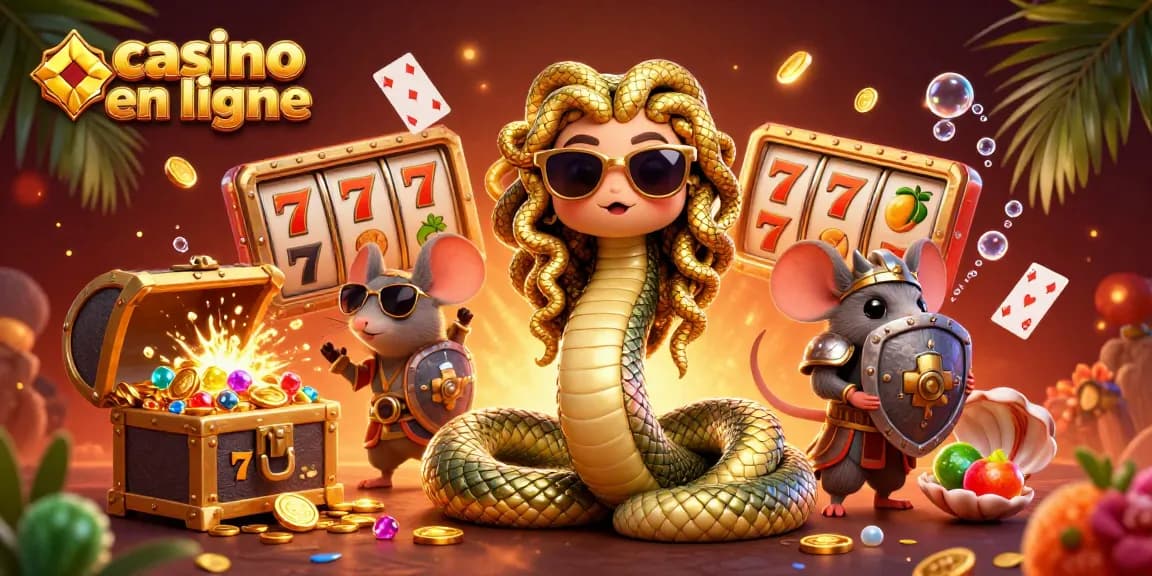 Illustration festive de casino en ligne avec Medusa, un guerrier souris et des symboles de chance.