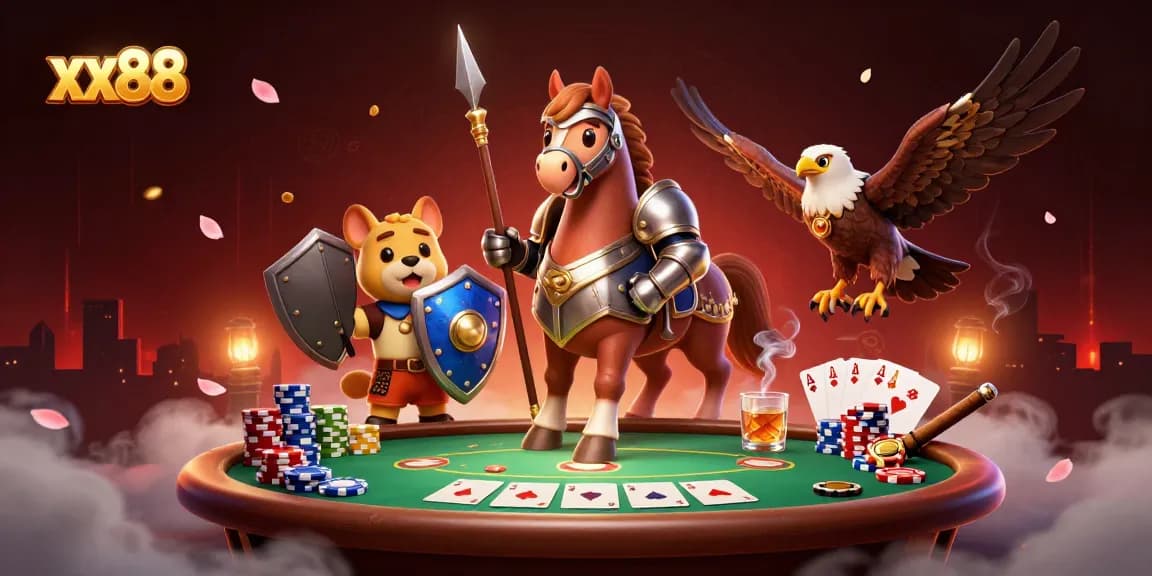Experience thrilling games at xx88 with a knight, puppy, and falcon amidst vibrant casino elements.