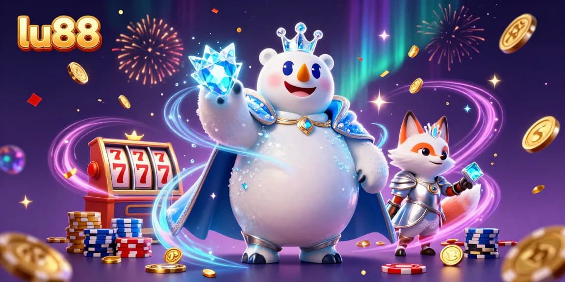 Spin the reels at lu88 with a vibrant scene featuring golden coins, slot machines, and dynamic gaming energy.