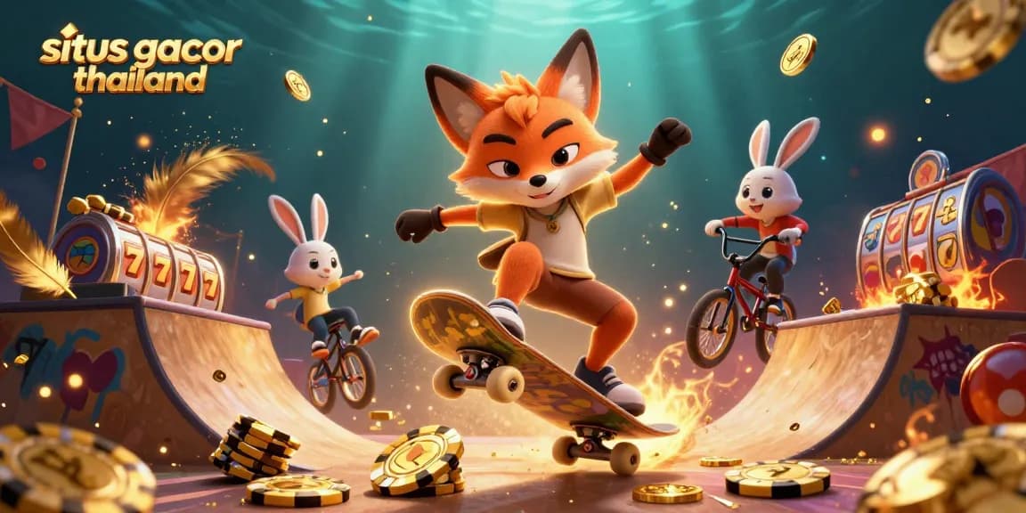 Engage in thrilling gameplay with situs gacor thailand featuring a dynamic kickflip scene of cartoon characters and casino symbols.
