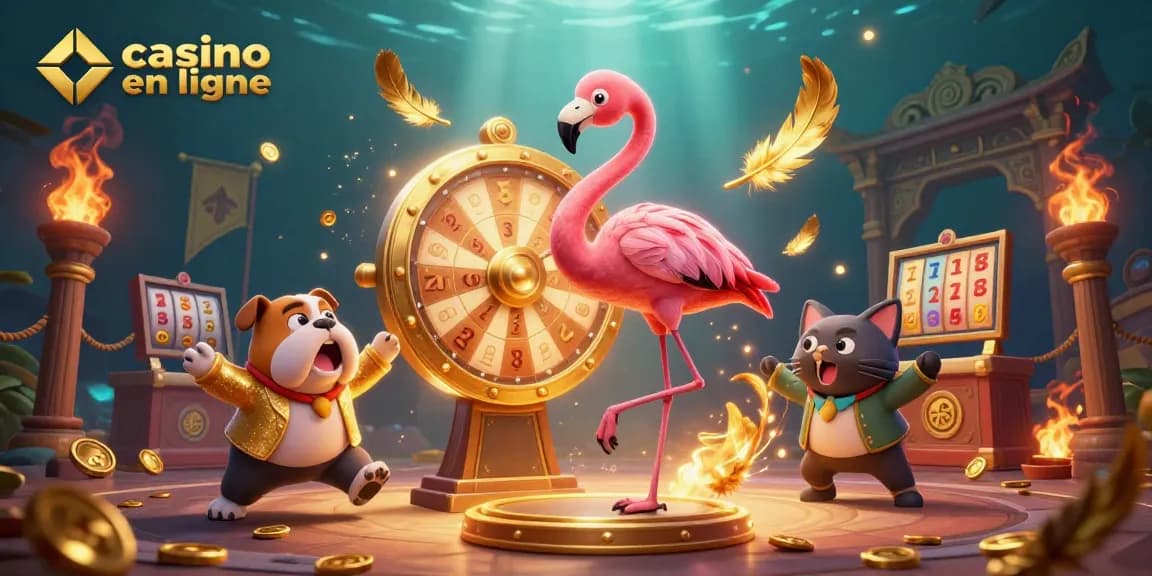 La scène captivante du casino en ligne avec un flamant animant la roue des prix et un bulldog gagnant, remplie de pièces d'or.