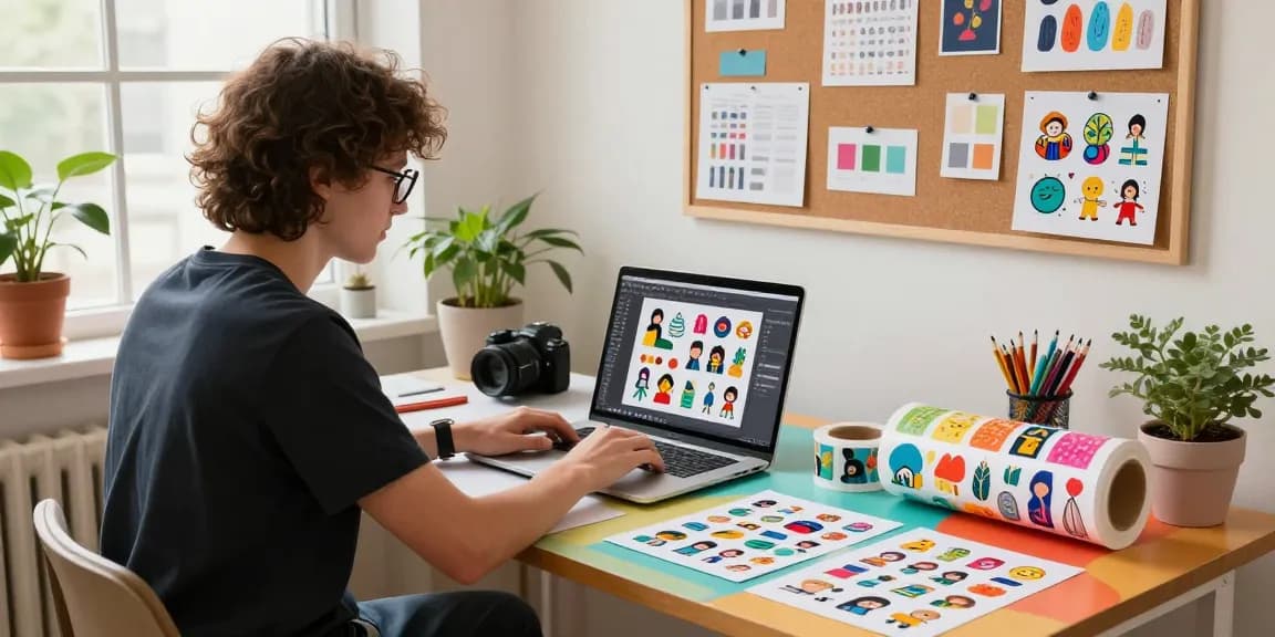 Custom stickers arranged in a vibrant creative studio, showcasing design processes and inspirations