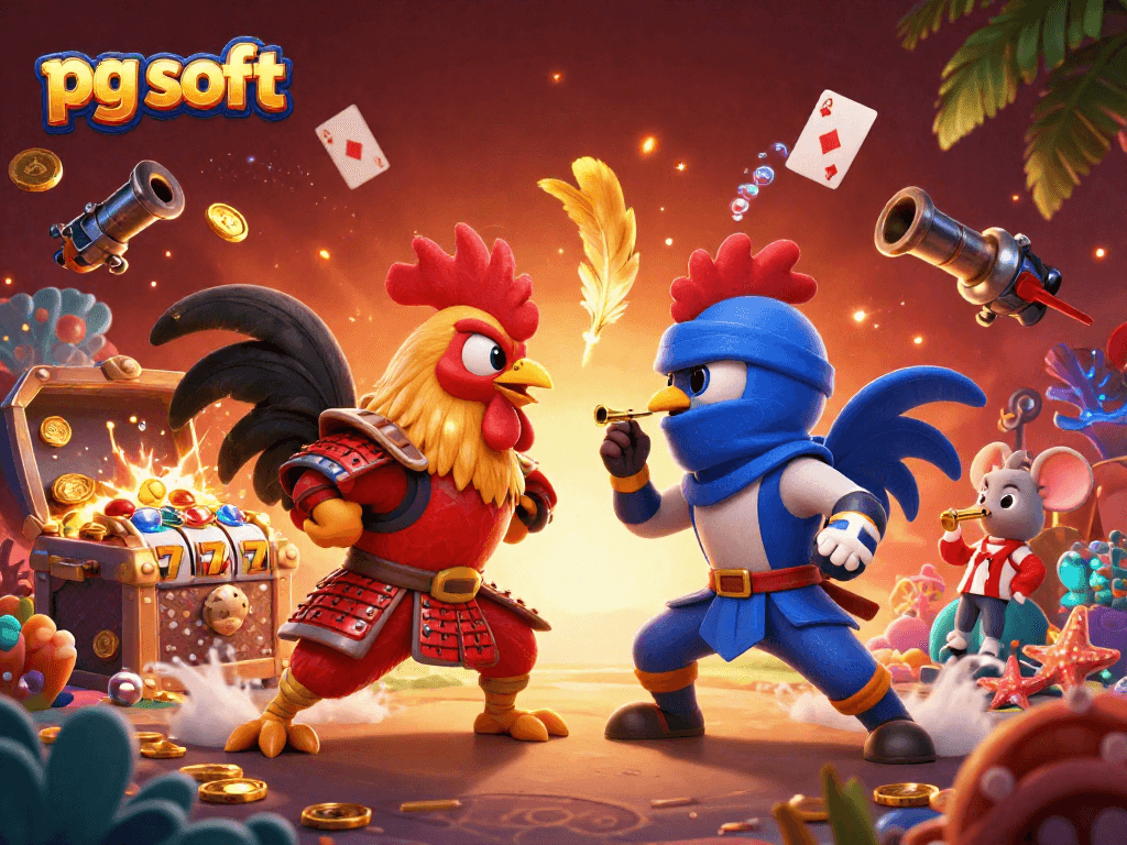 Experience the thrilling showdown of 3D cartoon roosters in samurai and ninja gear in a casino-themed setting with pg soft elements.