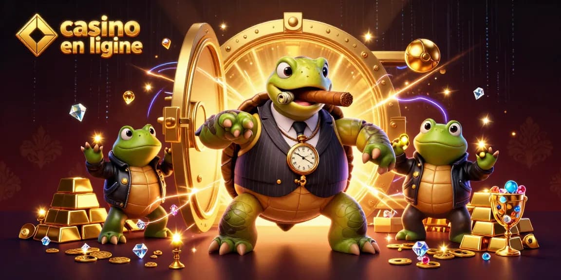 Profitez de l'ambiance d'un casino en ligne avec une illustration de tortue et des grenouilles au poker.