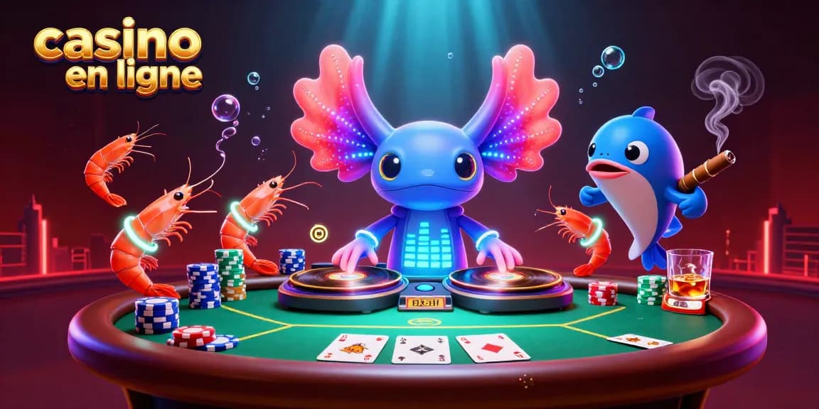 Vivez l'expérience du casino en ligne avec un axolotl DJ dynamique et des crevettes dansantes autour d'une table de poker.