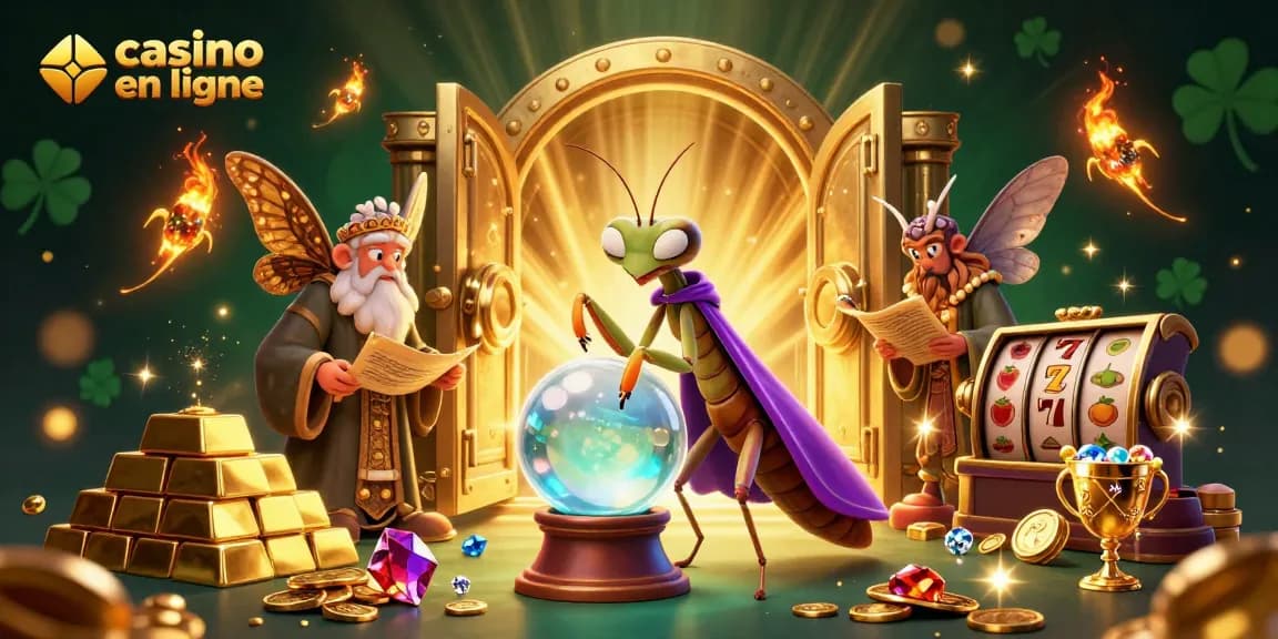 Un jeu de casino en ligne captivant avec une mante religieuse voyante et un papillon sage, entourés de trésors.