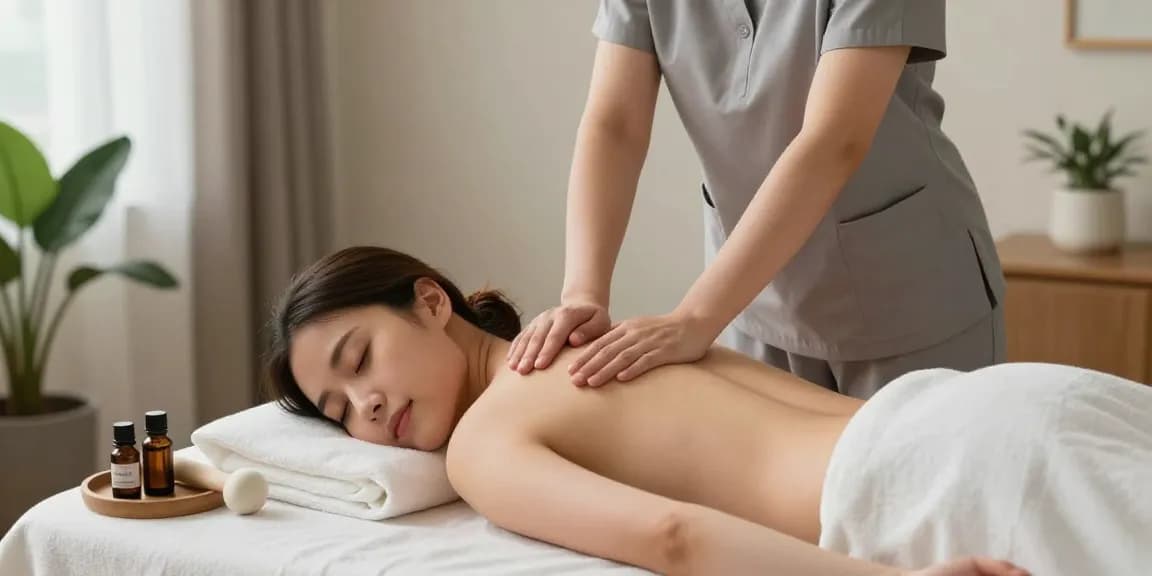 Young woman enjoying 강서구출장안마 at home with a professional therapist in a calm setting