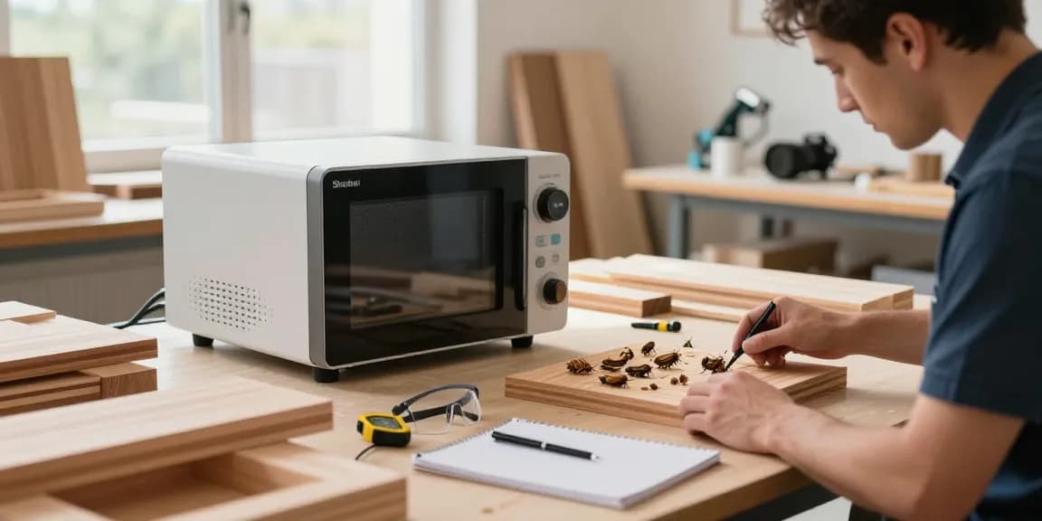 Shashel microwave device in action eliminating wood-boring insects in a workshop.