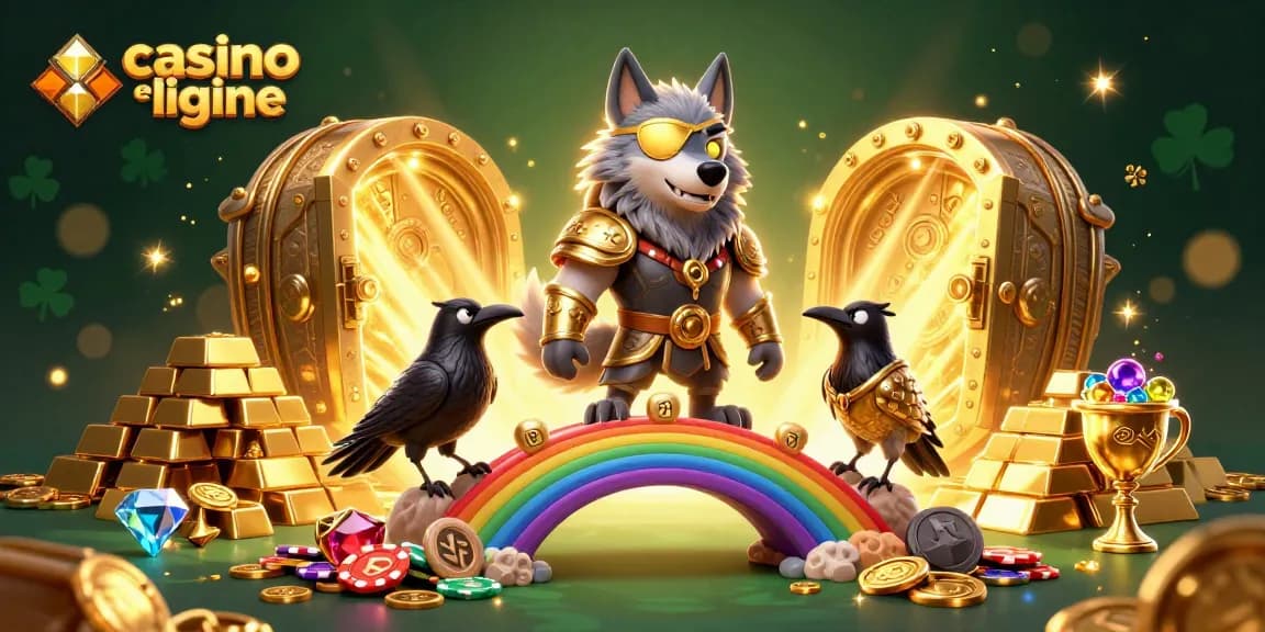 Découvrez un monde vibrant de casino en ligne avec un loup Odin et ses corbeaux entourés de richesses.