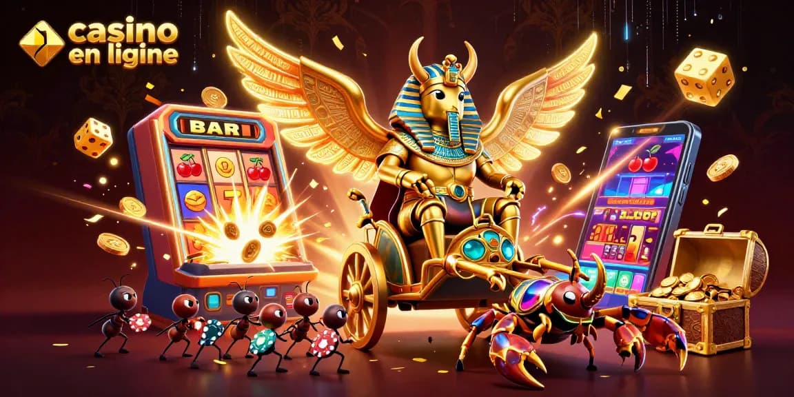Jouez à casino en ligne avec une illustration 3D captivante d'un scarabée d'or colossal.