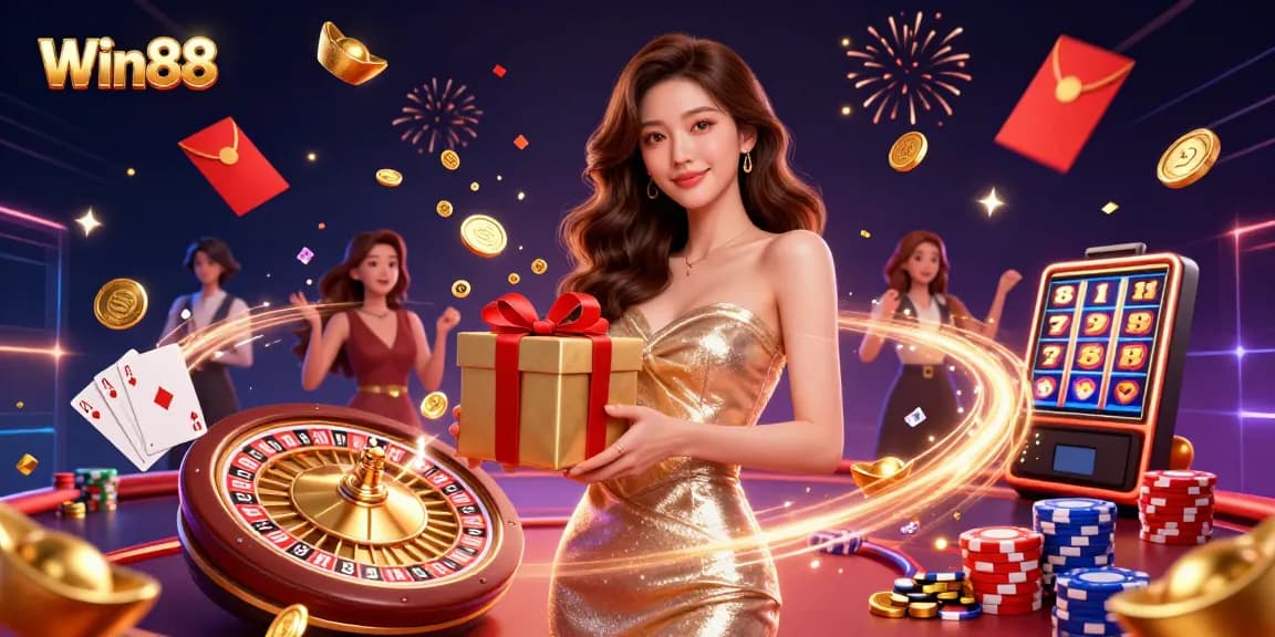 Win88 invites players to explore a festive casino scene with golden coins and exciting games.