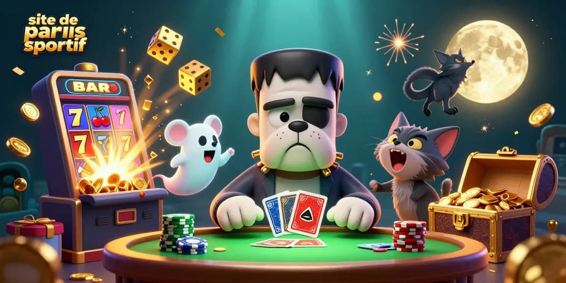 Illustration d'une table de jeu de paris sportif avec un bulldog Frankenstein, un chaton loup, et des éléments de casino colorés.