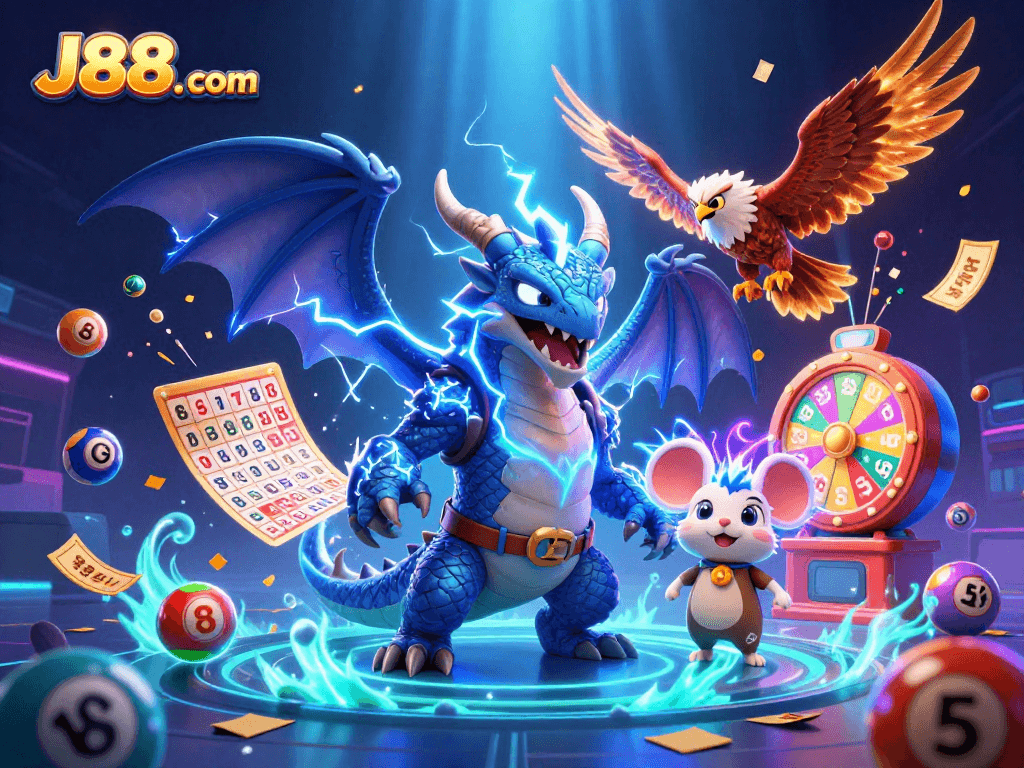 Play exciting games at J88. com with vibrant visuals of lottery balls, jackpots, and animated characters.
