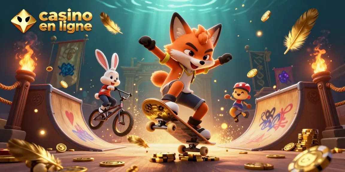 Le casino en ligne présente un renard faisant un kickflip sur des jetons de poker dorés avec un lapin BMX dans un cadre dynamique.
