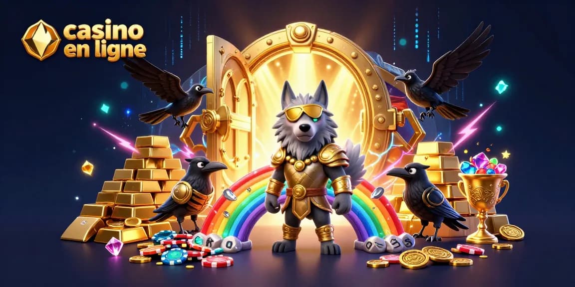 Illustration captivante de casino en ligne avec Odin et ses corbeaux, trésors étincelants en arrière-plan.