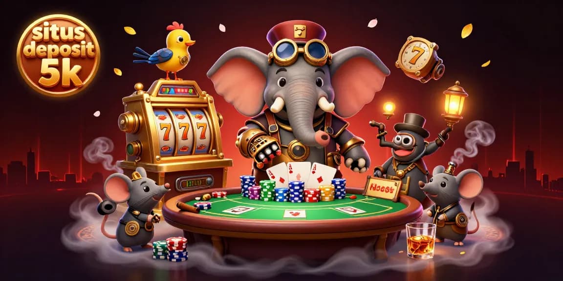 Situs deposit 5k illustrated as a steampunk elephant engineer at a vibrant slot machine with dynamic casino elements.