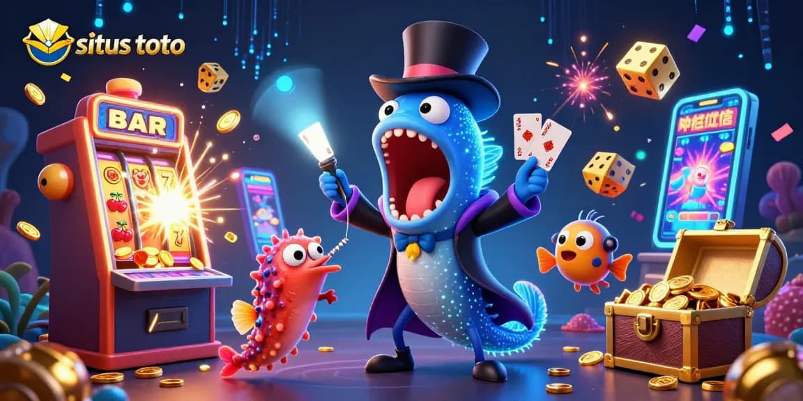 Experience the thrill of situs toto with card tricks and vibrant casino elements in a magical underwater scene.