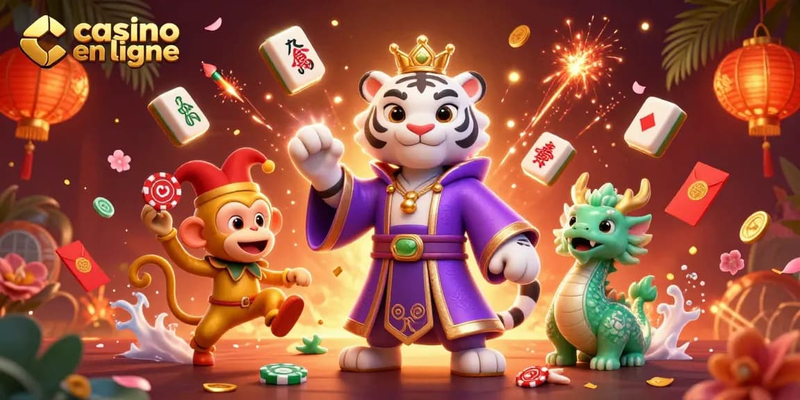 Élégant tigre blanc en ligne avec des lanternes et des jetons de poker dans une scène dynamique de casino en ligne.