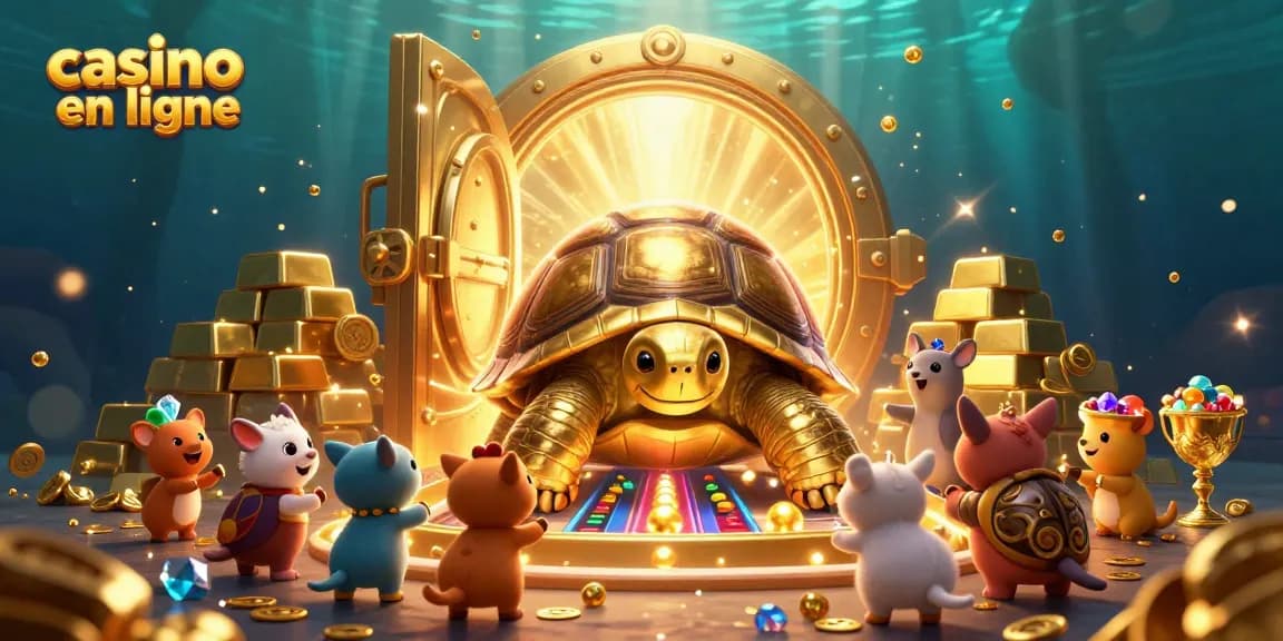 Jouer au casino en ligne avec un coffre au trésor doré et une tortue géante ludique.