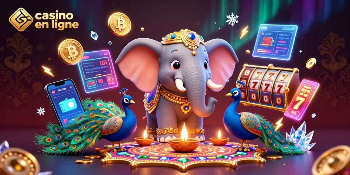 Plongez dans l'univers captivant d'un casino en ligne avec un éléphant décoré de Diwali entouré de jeux de machines à sous et de crypto-monnaies.