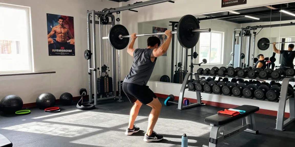 Astera Shop offers fitness products while showcasing strength training in a vibrant gym.