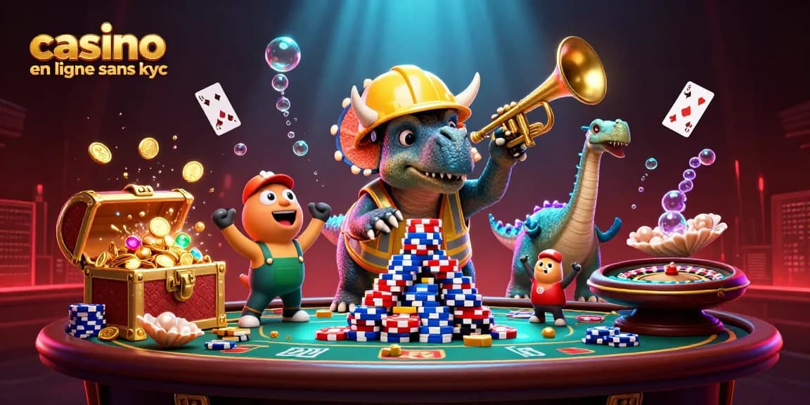 Jouez dans un casino en ligne sans KYC avec des personnages animés célébrant autour de jetons et éléments de jeu.