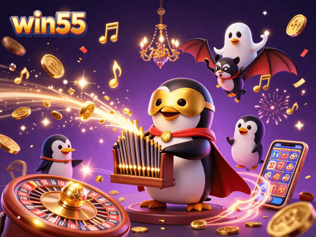 Experience the excitement of win55 with a whimsical 3D scene featuring a penguin and casino elements