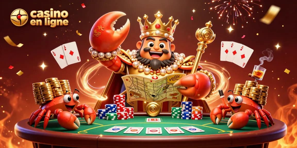 Le casino en ligne présente un empereur crabe doré au sceptre royal et servant des crabes portant des jetons d'or.