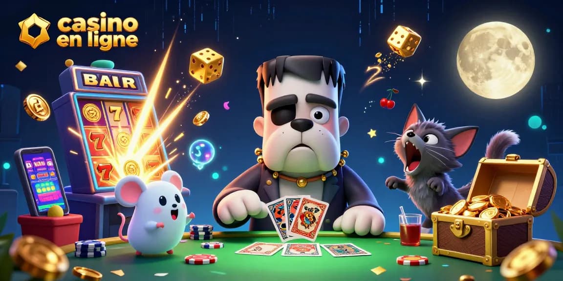 Dans un casino en ligne, un bulldog Frankenstein distribue des cartes pendant qu'un chat loup hurle à la lune dorée.