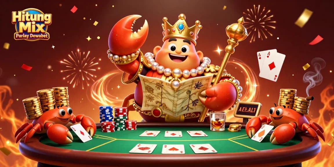 Hitung Mix Parlay Dewabet showcases a golden crab emperor leading a vibrant casino scene filled with poker chips and celebratory effects.