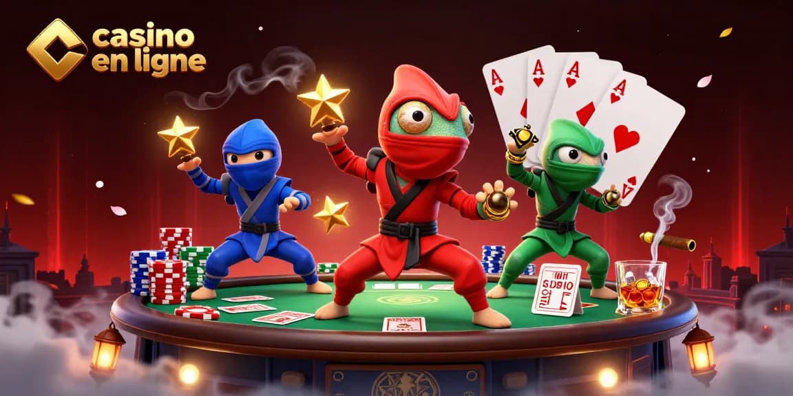 Venez découvrir le casino en ligne avec des caméléons ninjas dans une scène dynamique de poker.