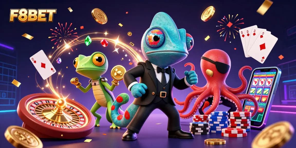F8BET brings excitement with a colorful casino showdown featuring secret agents, coins, and a lively background.