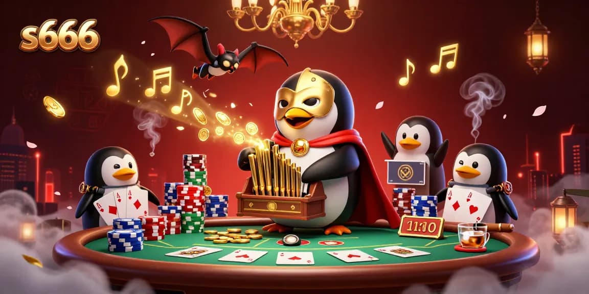 Experience thrilling wins with s666 as the phantom penguin plays in a vibrant casino scene.