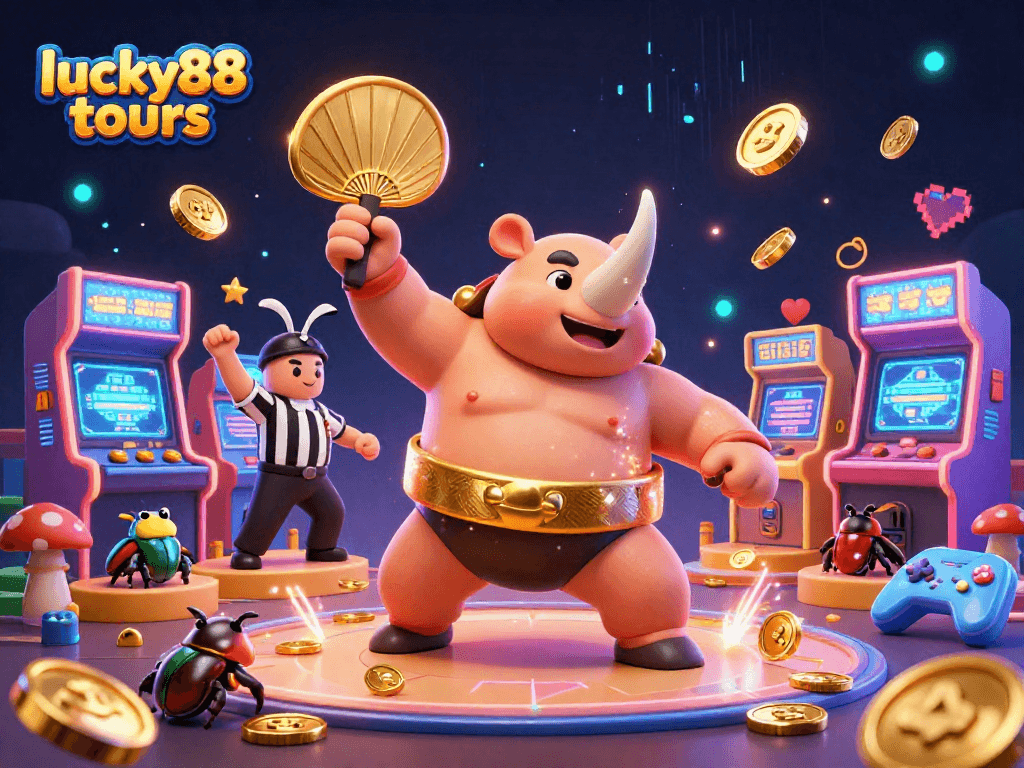 Experience the excitement of lucky88 tours as beetle champions stomp golden coins amid vibrant gaming elements.