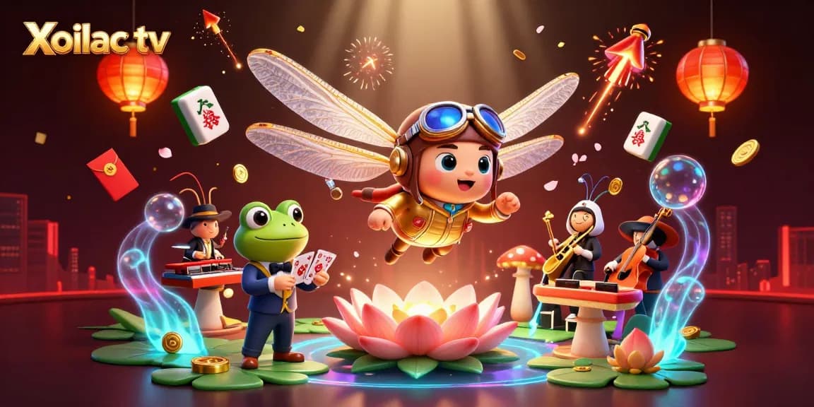 Xoilac tv brings excitement with a vibrant 3D scene of a dragonfly pilot, a frog croupier, and jazz musicians at a lily pad casino.