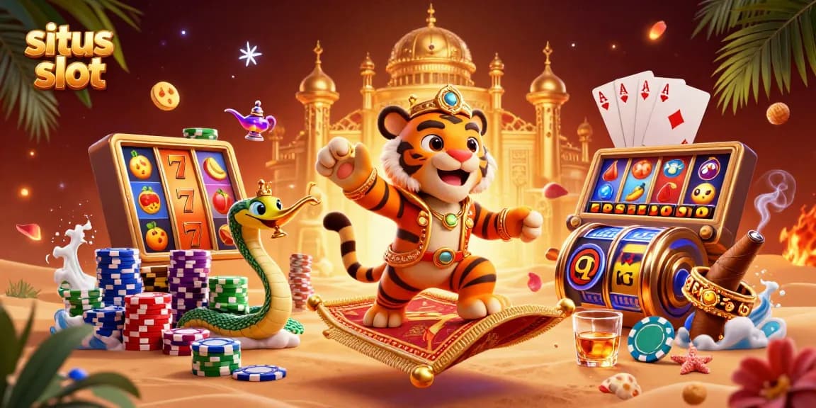 Experience situs slot excitement with a vibrant casino scene featuring a tiger sultan and jackpot symbols.