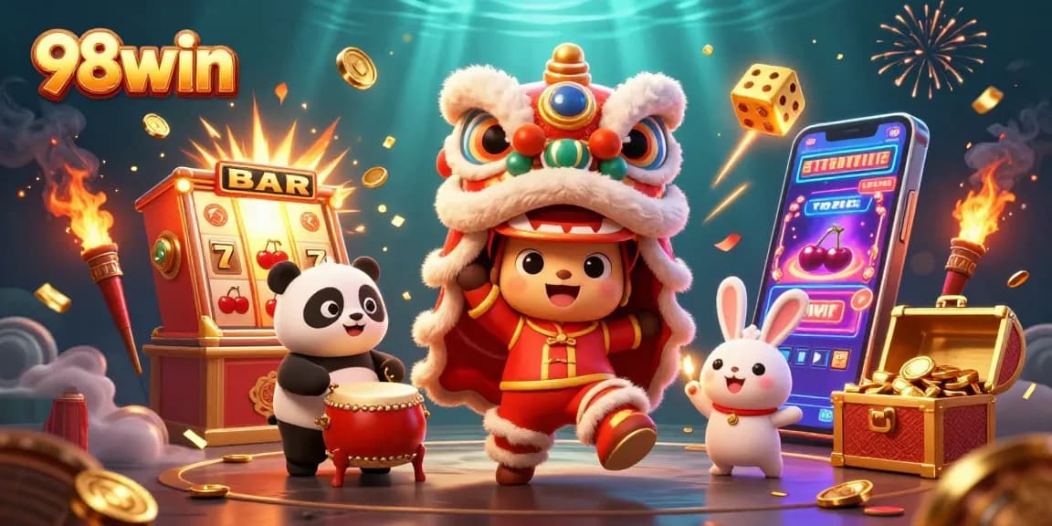 Experience vibrant gaming at 98win with a dynamic illustration of a jackpot celebration.