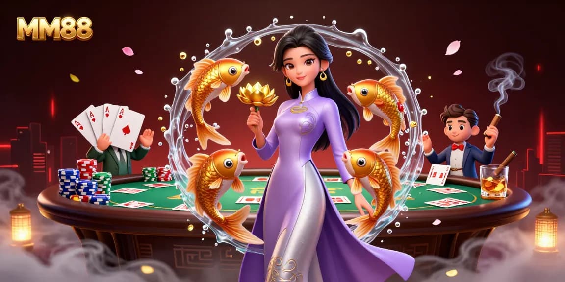 Experience the thrill of MM88 with a vibrant scene showcasing a graceful Asian woman and a lively poker table, embodying casino excitement.