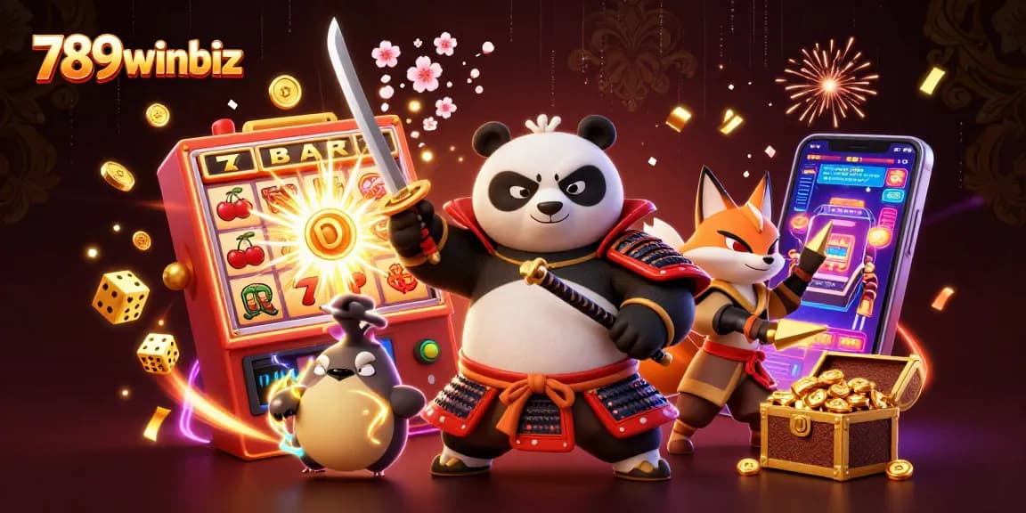 Experience dazzling wins with 789winbiz in this vibrant casino-themed illustration packed with action.