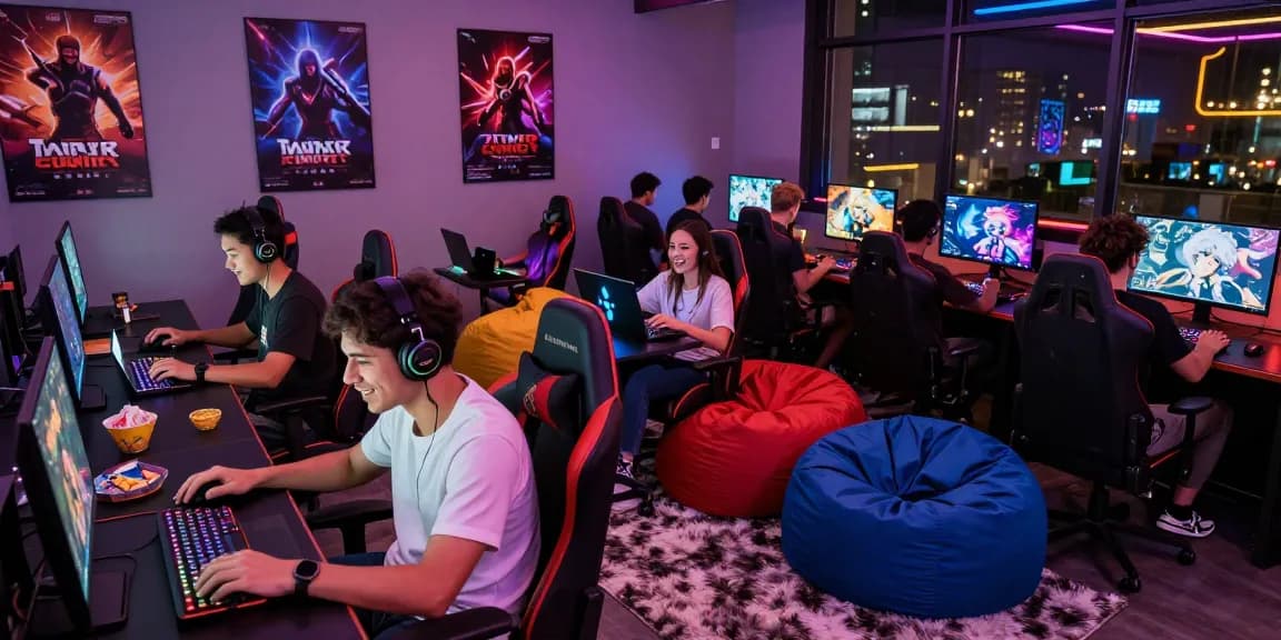 Engaged gamers enjoying porn games in a vibrant gaming lounge.