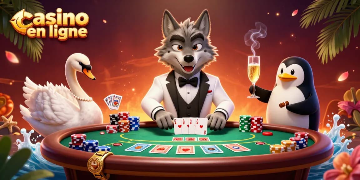Illustration animée de casino en ligne avec un loup élégant au baccarat, un cygne et un pingouin servant du champagne.