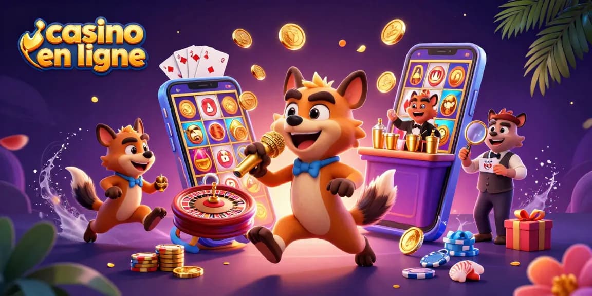 Illustration dynamique de l'univers des casinos en ligne montrant une animation humoristique.