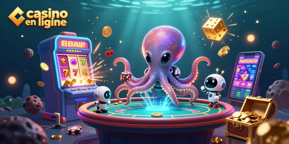 Jouez sur un casino en ligne avec un poulpe extraterrestre à une table de poker holographique entouré d'objets de jeu.