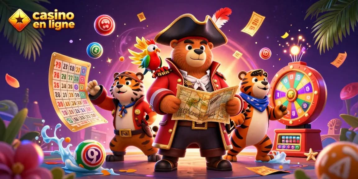 Jouez à casino en ligne avec un ours pirate, un tigre et un perroquet dans une scène festive.