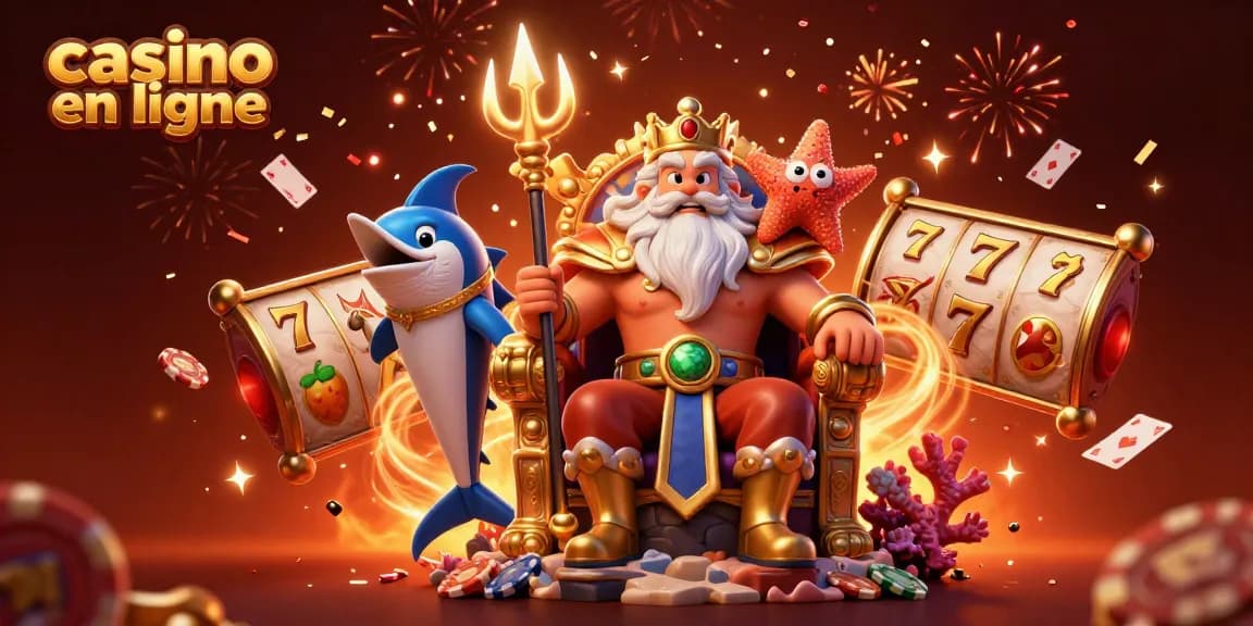 Illustration animée représentant un roi des mers et une ambiance de casino en ligne avec des éléments de jeu.