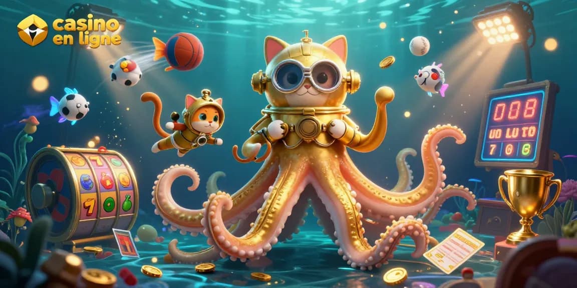 Plongez dans l'univers du casino en ligne avec un kraken et un chat plongeur, entourés d'éléments de jeu fascinants.