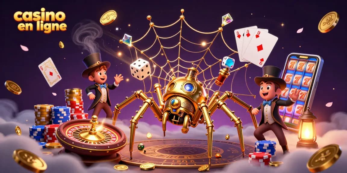 Capturez la magie du casino en ligne avec une araignée dorée et des jeux de lumière captivants.