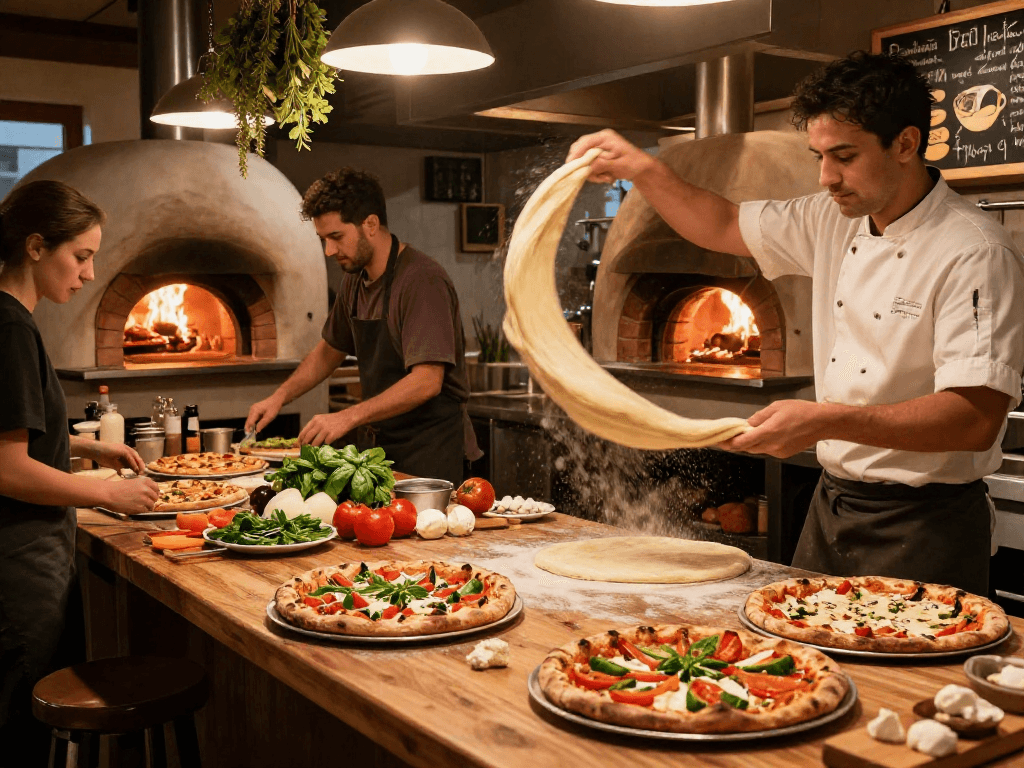 Delicious pizza creation in a vibrant kitchen with fresh ingredients, showcasing the slot cooking technique