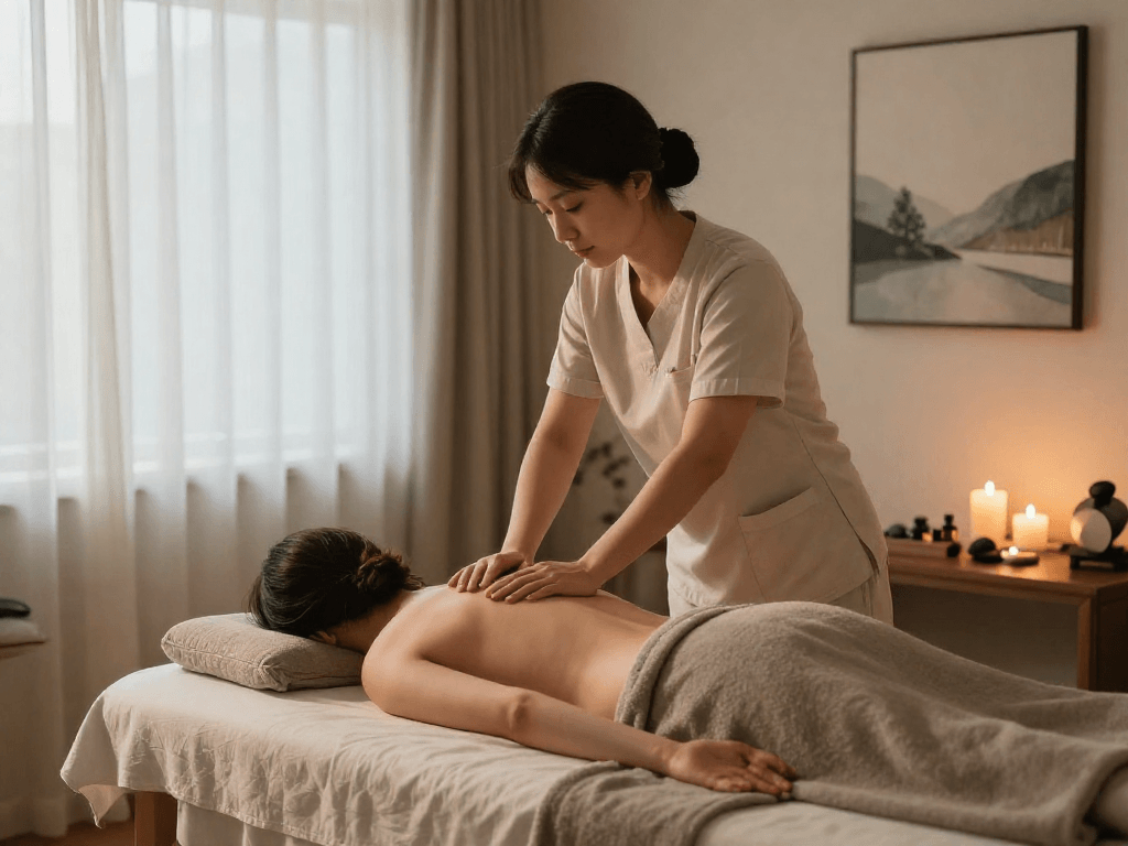 산본출장마사지 at home with a professional therapist providing a soothing massage in a serene setting.